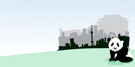 Shanghai  black vector Skyline banner with panda bearのイラスト素材