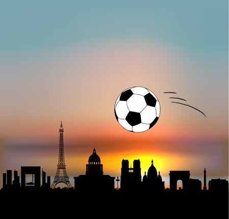 Paris skyline  with  fottball/soccer ball ans sunset skyのイラスト素材