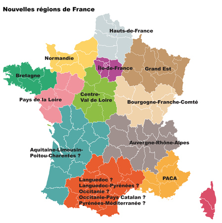 New French regions. Nouvelles regions de France. Separated departmentsのイラスト素材