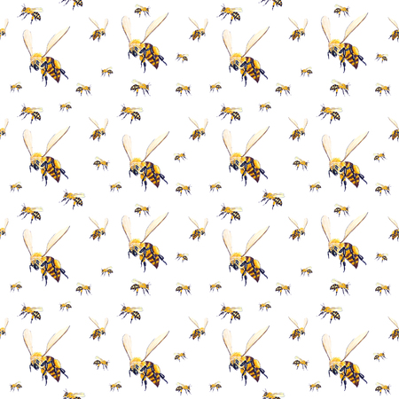 Seamless white background with sketched flying beesの写真素材