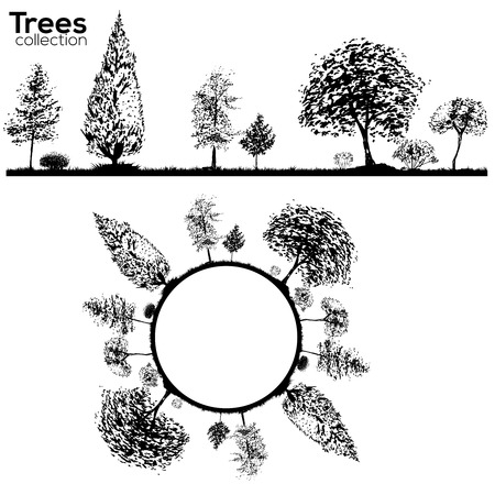 Trees collection. Ink trees silhouettesのイラスト素材