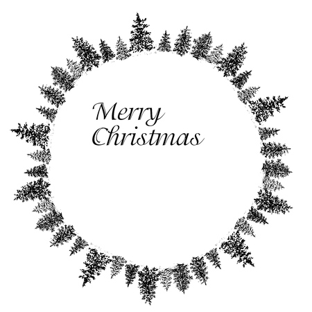 Ink sketched winter circular frame with Fir forest silhouetteのイラスト素材