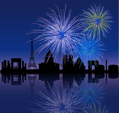 Patriotic 14 july background with biggest French cities silhouettes and fireworksのイラスト素材