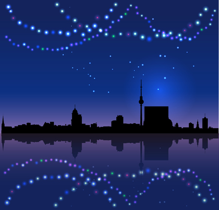 Christmas French background with Paris silhouete and colored lightsのイラスト素材