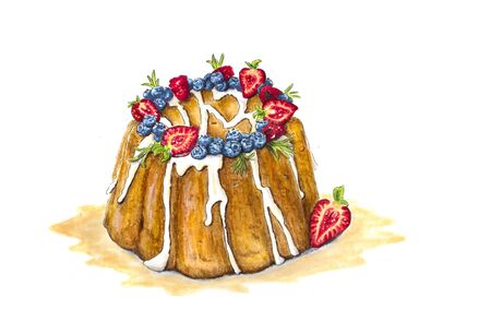 Hand drawn illustration of summer fruits cakeの写真素材