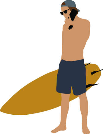 Man in blue shorts holding a yellow surfboard and talking on the phoneのイラスト素材