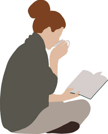 Girl sits, reads a book and drinks coffeeのイラスト素材