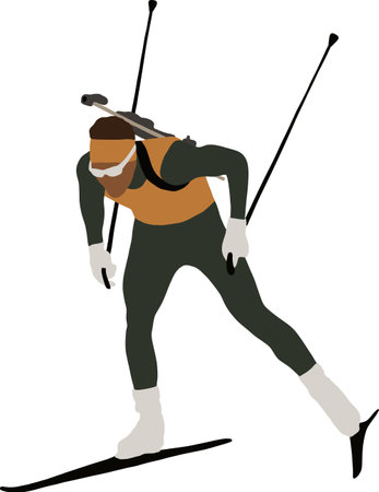 A biathlete skis fast with a rifle behind his backのイラスト素材