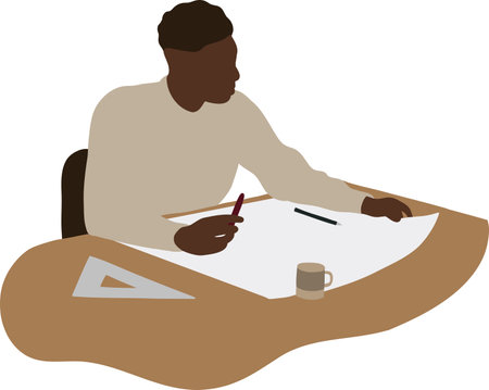 Black guy at the workplace at the table draws with a ruler on paperのイラスト素材