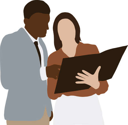 Black man and his colleague girl look at working documents in a folderのイラスト素材