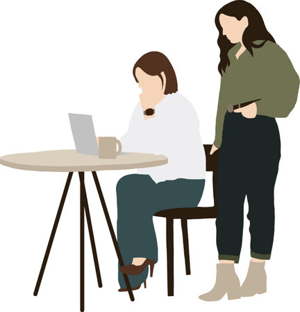 A girl is sitting at a table with a laptop, and a second girl colleague is standing next to herのイラスト素材
