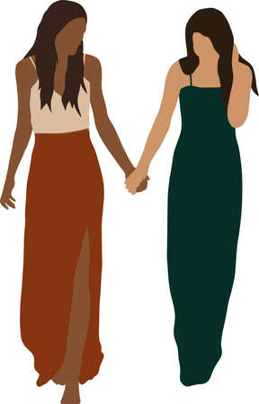 A couple of lesbians in long dresses walk holding handsのイラスト素材