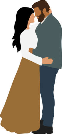 A dark man with a beard in a jacket hugs his woman in a long skirtのイラスト素材