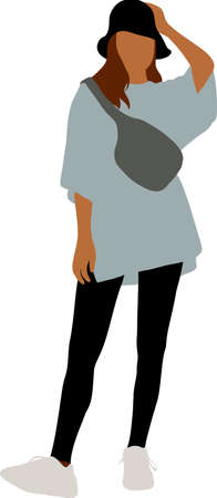 A girl in a panama hat and with a small bag on her chest stands in full growthのイラスト素材