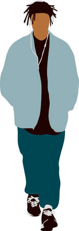 A black guy with short dreadlocks walks with headphones in a blue sweater and blue jeansのイラスト素材