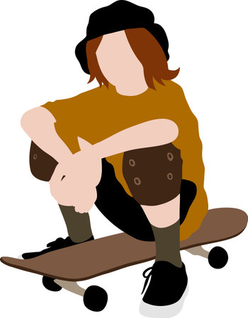 A child boy in a panama hat and with protective knee pads sits on a skateboardのイラスト素材