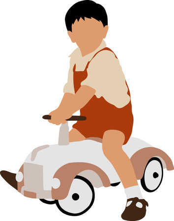 A little black-haired boy in a red overalls sits on a toy car with a steering wheelのイラスト素材