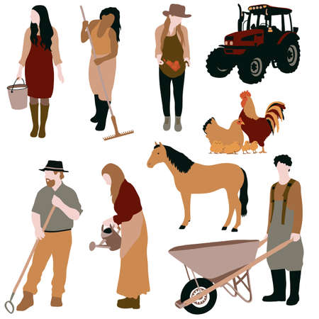 Farm vector clipart set. People, animals and tractorのイラスト素材