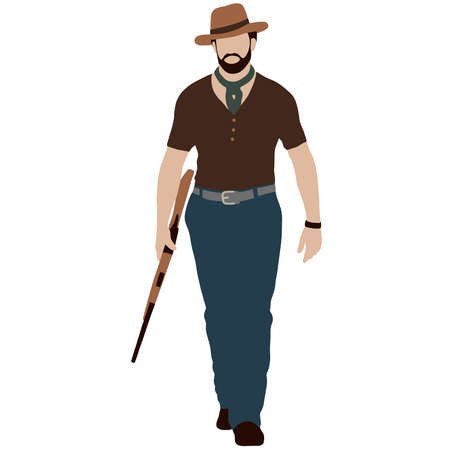 Male cowboy in a hat and boots walks with a gun
