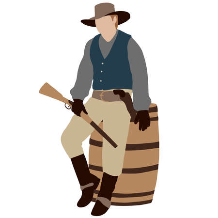 Cowboy in a hat with a gun sits on a wooden barrelのイラスト素材