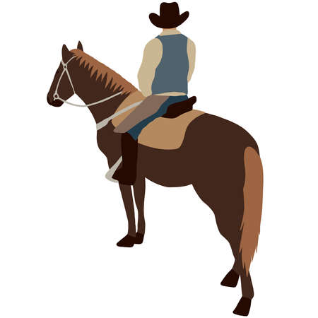 Cowboy in a hat sits on a brown horseのイラスト素材