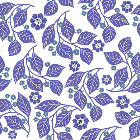 Seamless vector pattern with purple flowers and branches on a white backgroundのイラスト素材