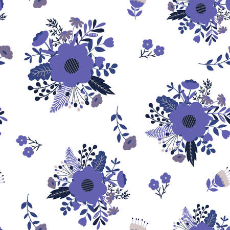 Seamless vector pattern with blue-violet bouquets on a white backgroundのイラスト素材
