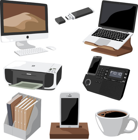 office vector gadgets. Laptop, computer with keyboard, printer, smartphone on stand, usb flash drive, cup of coffee and folders with documentsのイラスト素材