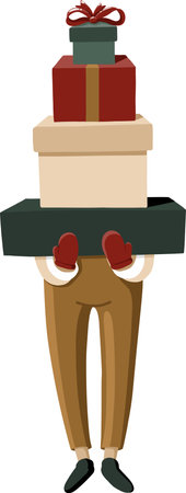 Vector New Year character holding a lot of colorful gift boxes in his handsのイラスト素材