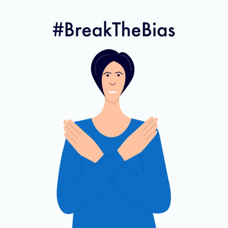 Woman cross arms break the bias concept. Vector flat illustration woman making stop gesture.のイラスト素材