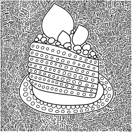 Slice of cake on plate vector coloring page. Cute coloring page for children and adults with tasty...