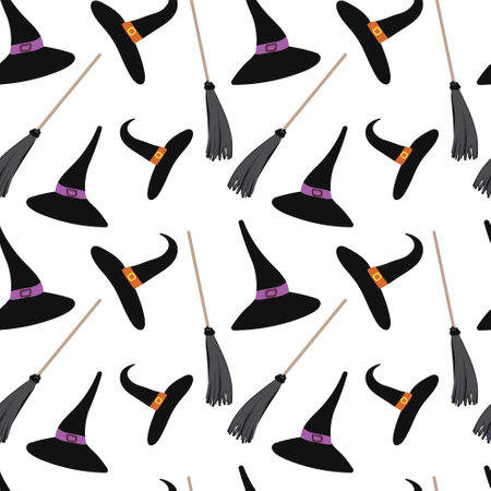 Witch hats and brooms vector pattern. Halloween theme seamless pattern. Vector witch hat, broom isolated.のイラスト素材