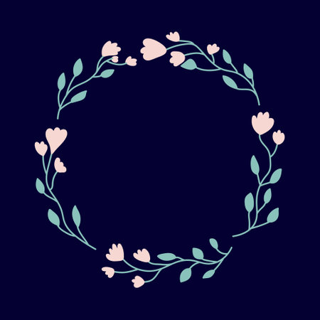 Hand drawn flowered wreath flat style illustration. Cute pink flowers in wreath vector illustrationのイラスト素材