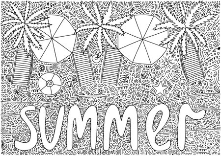 Summer beach coloring page top view. Vector hand drawn sunny beach top view with palms umbrellas and...