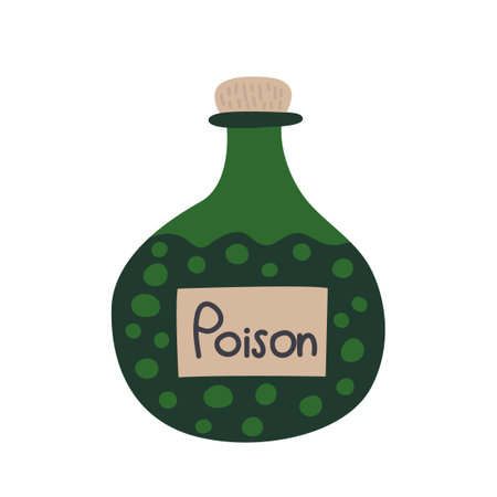 Vector bottle with green potion flat illustration. Halloween bottle with poisonのイラスト素材