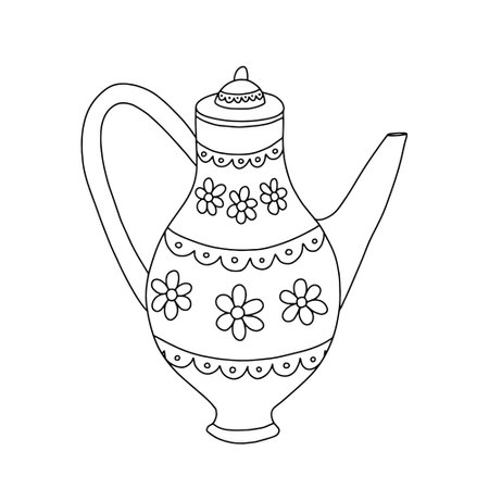 Doodle teapot with botanical decor vector illustration. Hand drawn teapot isolatedのイラスト素材
