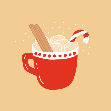 Christmas greeting card with hot chocolate red cup and candy cane. Vector flat style hot chocolate with marshmallow Christmas cardのイラスト素材