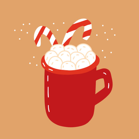 Christmas greeting card with hot chocolate red cup and candy cane. Vector flat style hot chocolate with marshmallow Christmas cardのイラスト素材