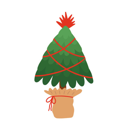 Flat style Christamas tree in handmade pot vector illustration. Christmas greeting card with decorated treeのイラスト素材