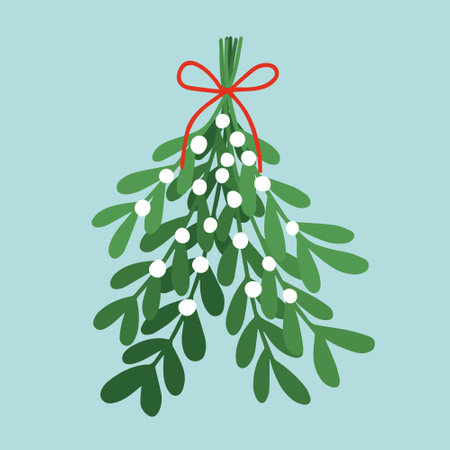 Christmas mistletoe tied with red ribbon vector illustration. Christmas greeting card with winter mistletoe branchのイラスト素材