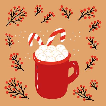 Christmas winter drink with marshmallows and candy cane. Christmas greeting card with hot chocolate and marshmallows vector illustrationのイラスト素材