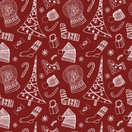 Christmas seamless pattern. Christmas tree, hat, ice skate, socks, gift box, crystal ball, candy cane. Hand drawn holiday elements isolated on dark red background.のイラスト素材