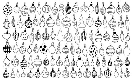 Different kinds of Christmas balls in doodle style. New Year decorations. Vector stock illustration.のイラスト素材