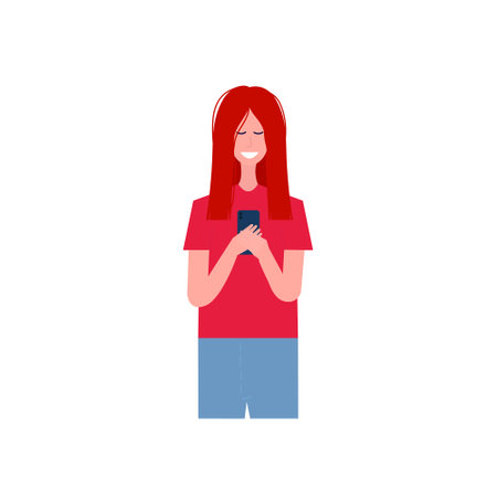 Young woman looking at phone reading message. Happy woman watching her smartphone and smiling.のイラスト素材