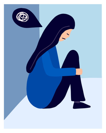 Depressed woman sitting on the floor holding her knees. sad woman in depressionのイラスト素材