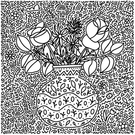 Doodle coloring page vase with flowers. Cute coloring vase with flowers bouquet.のイラスト素材
