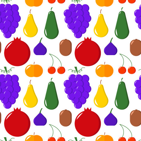 Different fruits seamless pattern. Vector fruits flat background. Grapes, kiwi, mango, cherry,...