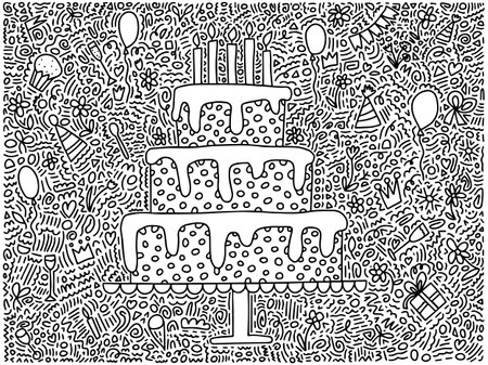 Happy birthday coloring page. Coloring page with doodle birthday cake and candlesのイラスト素材