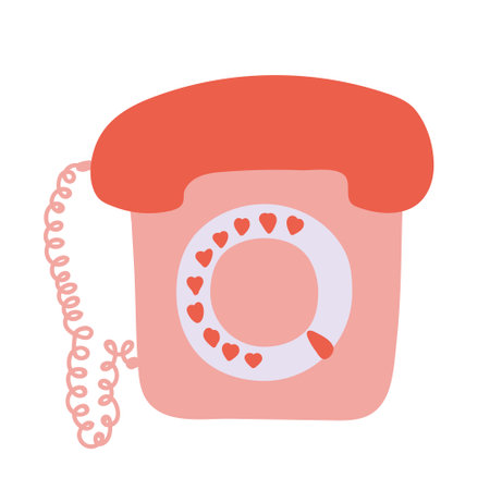 Hand drawn cartoon telephone illustration. Vintage home phone in pastel pink and red colors. Lovely sketch with hearts.のイラスト素材