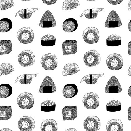Vector sushi and rolls with fish seamless pattern. Hand drawn sushi and sashimi print on white backgroundの写真素材